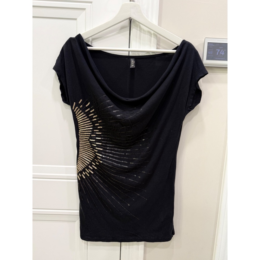 Tee Shop Black Sequin Sunburst Cowl Neck Top‎ Small Cotton Modal
